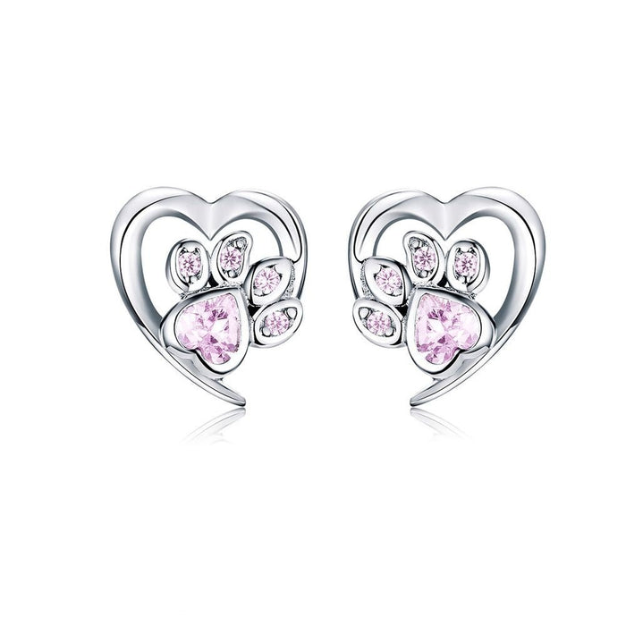 Love Heart Paw Sterling Silver Stud Earrings - Pink - Earrings from . at DoggyTopia