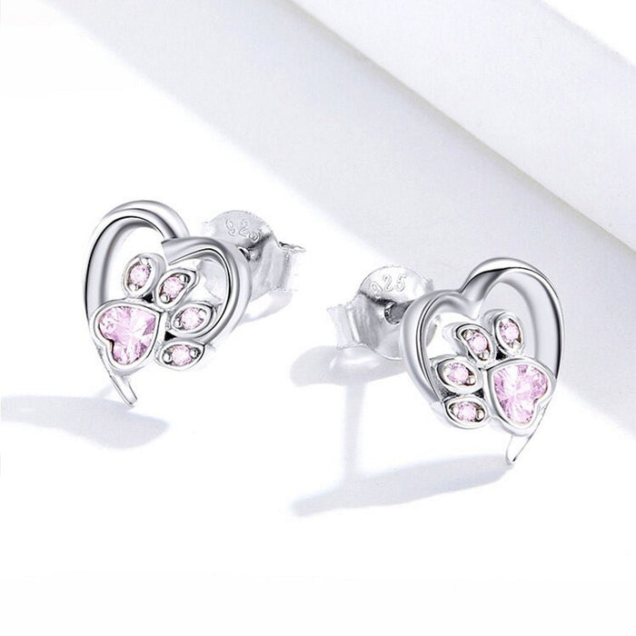 Love Heart Paw Sterling Silver Stud Earrings - Pink - Earrings from . at DoggyTopia