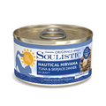 A can of Soulistic Nautical Nirvana cat food, featuring wild-caught tuna and skipjack in gravy, with a blue and white label, cat silhouette, sun graphic, and marked as grain-, gluten-, and carrageenan-free.