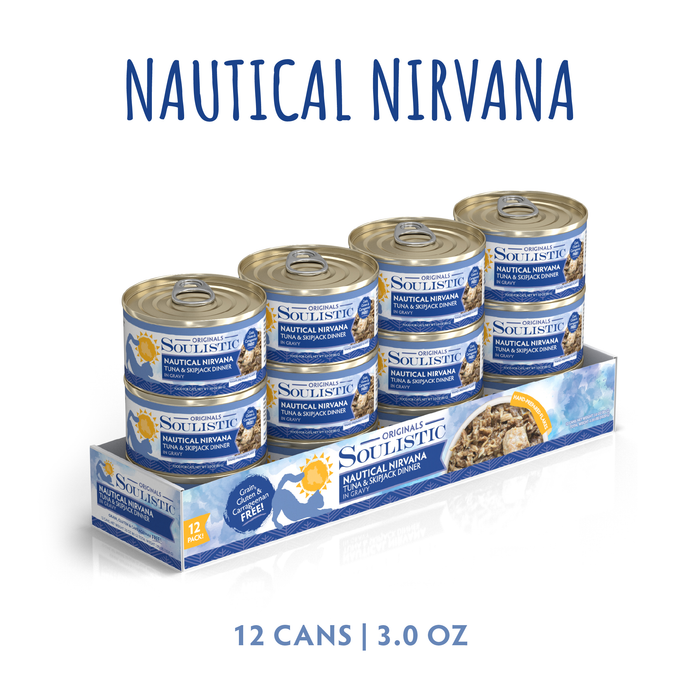 A 12-pack of Soulistic Nautical Nirvana cat food, featuring wild-caught tuna skipjack in 3 oz cans, comes in a blue and white branded tray displaying product images.