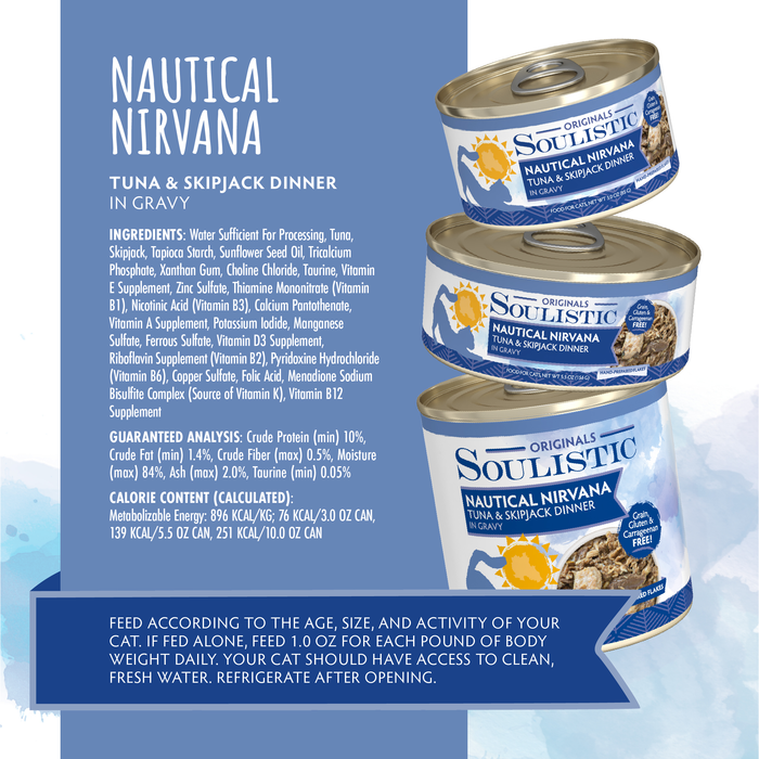 Three cans of Soulistic Nautical Nirvana cat food are stacked on a blue background, displaying ingredient and nutritional details, with feeding instructions visible at the bottom.
