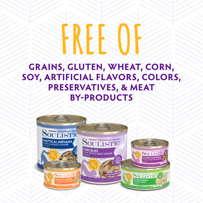 Four cans of Soulistic Nautical Nirvana cat food are displayed under bold text: FREE OF grains, gluten, wheat, corn, soy, artificial flavors, colors, preservatives & meat by-products. Made with wild-caught tuna skipjack. Subtle gray leaf background.
