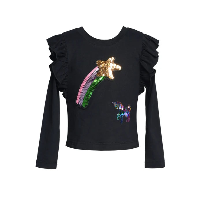 Ruffle L/S Top W/Rainbow & Unicorn Patch Detail