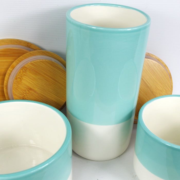 Set of Three Canisters Green Ceramic Storage Jars with Lids