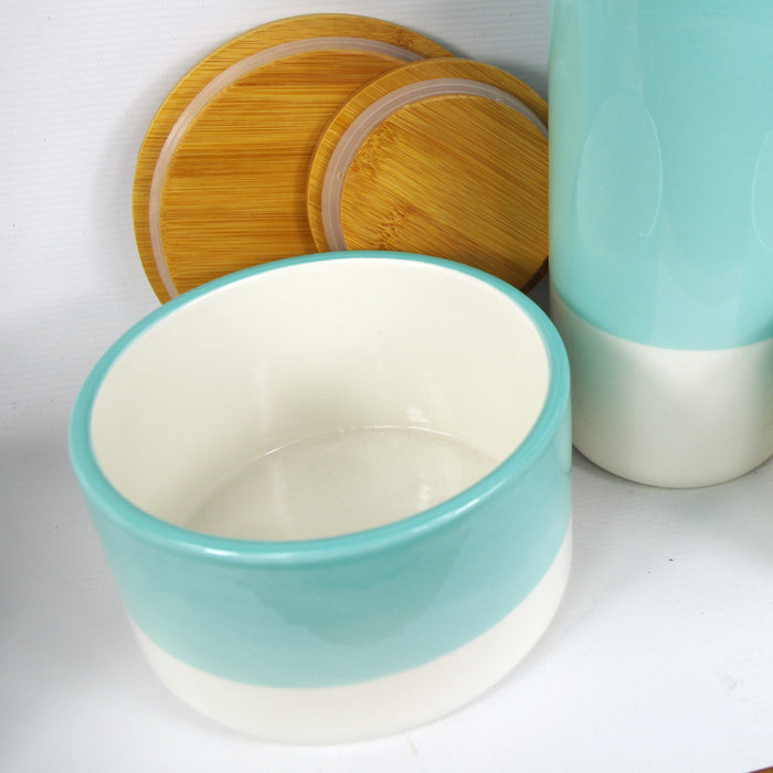 Set of Three Canisters Green Ceramic Storage Jars with Lids