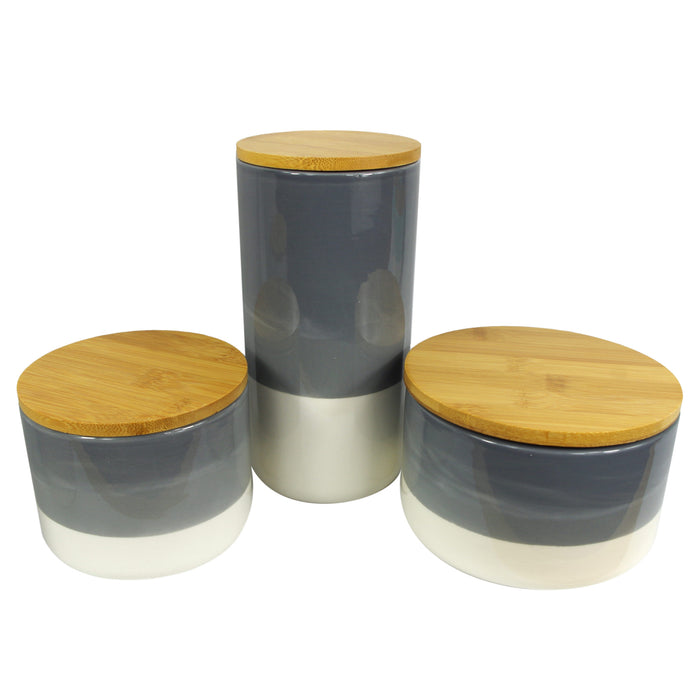 Set of Three Canisters Grey Ceramic Storage Jars with Lids