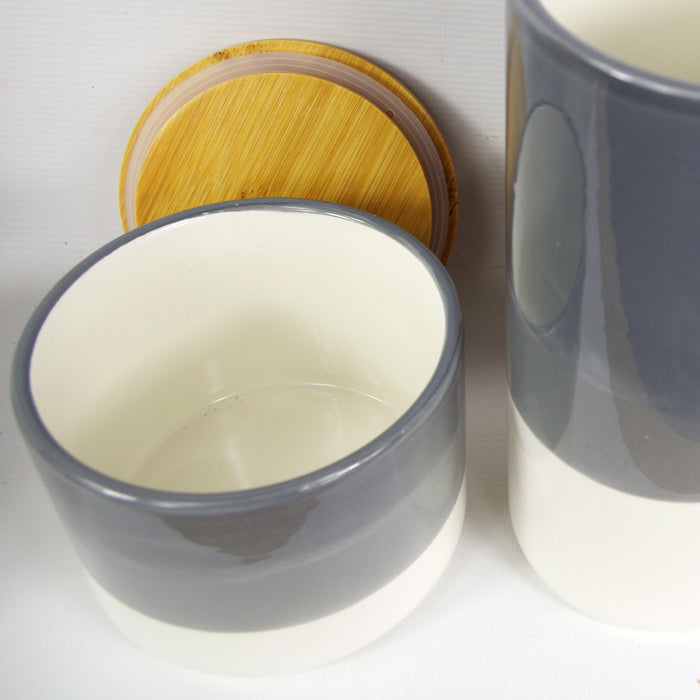 Set of Three Canisters Grey Ceramic Storage Jars with Lids