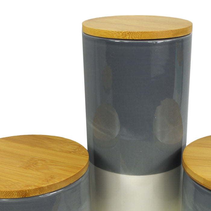 Set of Three Canisters Grey Ceramic Storage Jars with Lids