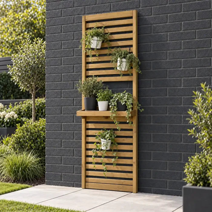 Slatted Living Wall Trellis Planter with Shelf — planted hero