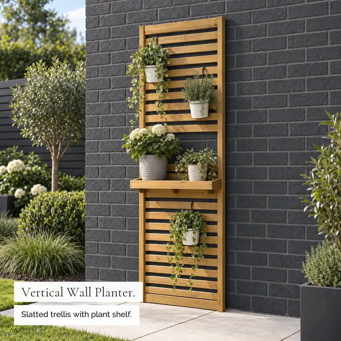 Slatted Living Wall Trellis Planter with Shelf — vertical wall planter