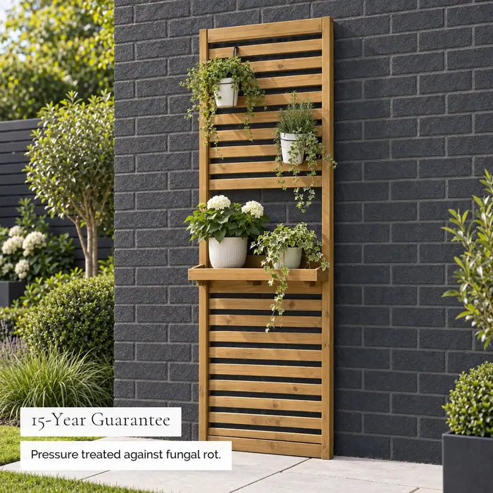 Slatted Living Wall Trellis Planter with Shelf — guarantee