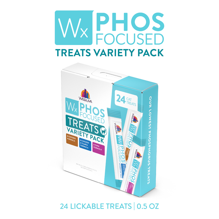 A white and blue Weruva Wx Phos Focused Lickable Cat Treat Variety Pack box shows 24 cat treats (0.5 oz each) in chicken, tuna, and chicken & pumpkin flavors. Brand: Weruva Wx.