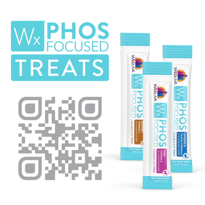 Three packets of Weruva Wx Phos Focused Lickable Cat Treat Variety Pack stand next to a QR code, with the text Wx PHOS FOCUSED TREATS in a blue and white box above.